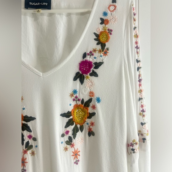 Sugarlips White Embellished Midi Dress with 3/4 Sleeves boho bohemian vacation - Picture 9 of 16